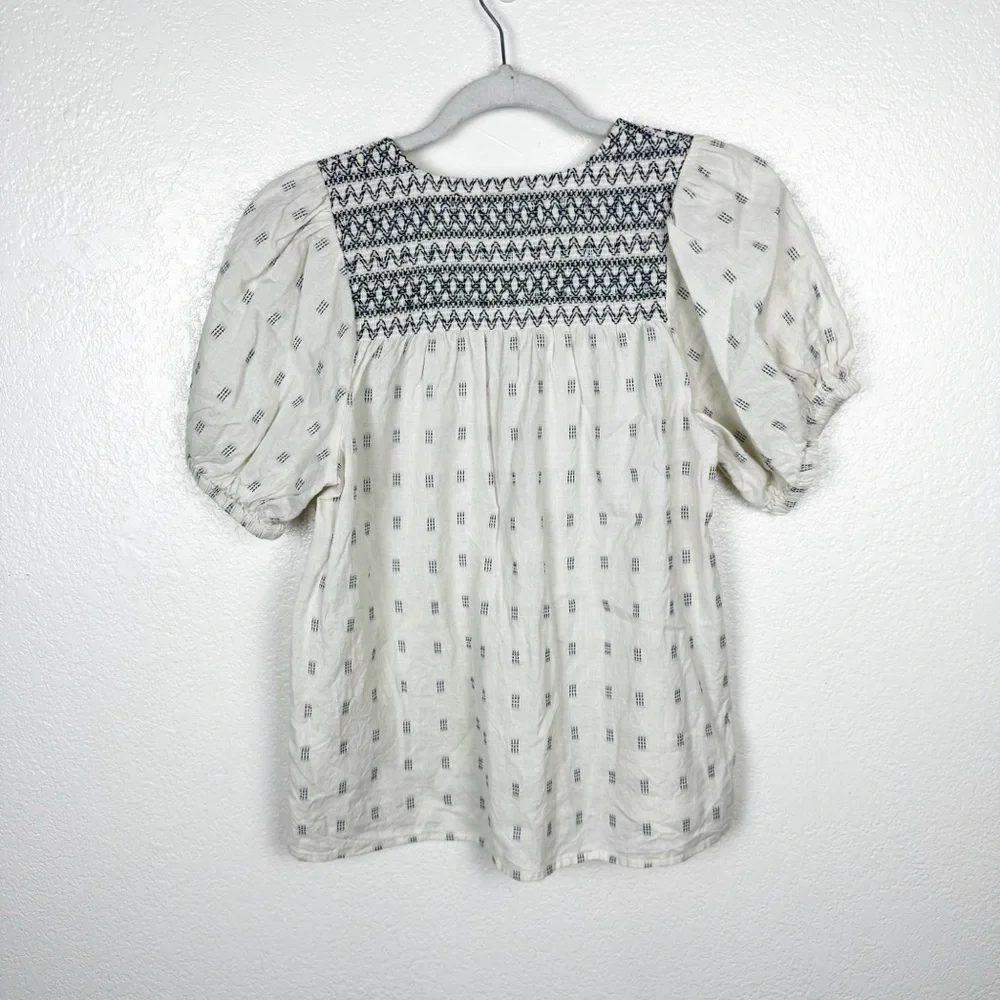 Madewell Summer 2022 Embroidered-Yoke Top in Clipdot Ikat Swiss Dot Size XS